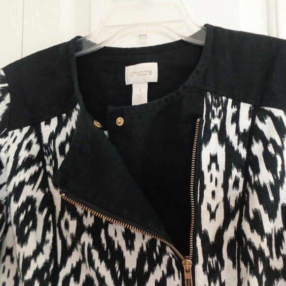 Chicos Womens Ikat Moto Jacket Zip Up Long Sleeve Pockets Black White Size 1 EUC - Picture 4 of 10